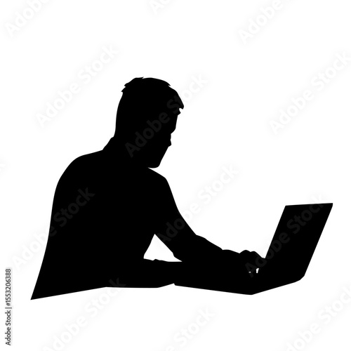 Business man sitting at desk and working on laptop, isolated vector silhouette