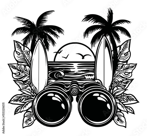 Vintage Engraving of Beach Scene with Binoculars and Surfboards in Black and White