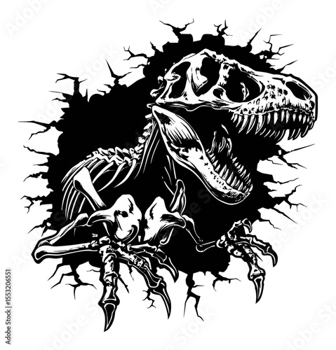 Detailed Black and White Engraving of Tyrannosaurus Rex Skeleton Breaking Wall