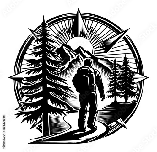 Scenic Mountain Hike Engraving with Adventurer and Pine Trees
