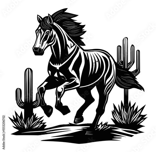 Black and White Engraving of a Galloping Horse in a Desert Landscape