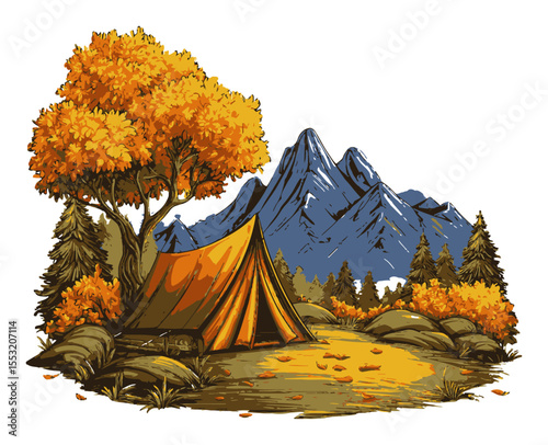 Autumn Adventure Scene with Tent, Mountains, and Colorful Trees