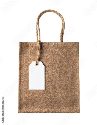 Brown burlap bag with a blank white tag for branding and marketing on transparent background