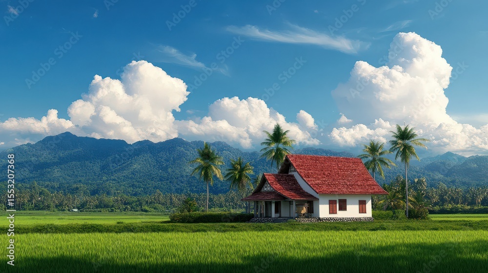 Tranquil Tropical House Amidst Lush Rice Paddies and Mountains Tranquil Tropical House Amidst Lush Rice Paddies and Mountains