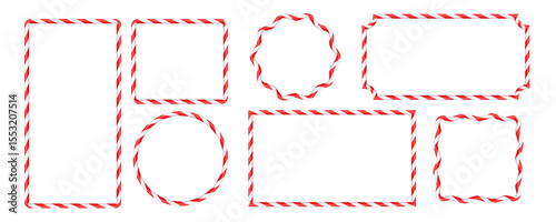 Set of Christmas candy cane figure frames with red and white stripes. Drawing of striped Christmas candy canes . New Year template with space for text .Vector illustration isolated on white background