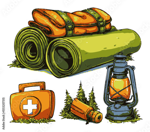 Adventure Travel Gear Set with Camping Equipment and Lantern Illustration