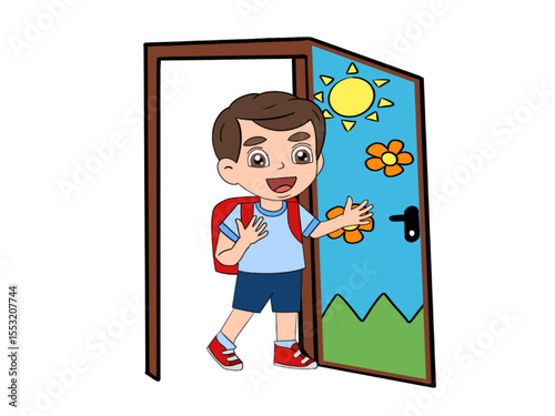 boy entering flowerdoor with bag