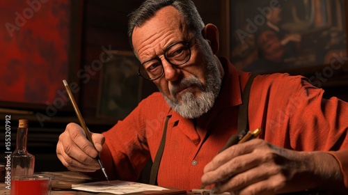 Elderly Artist in Red Shirt Creates Detailed Sketch