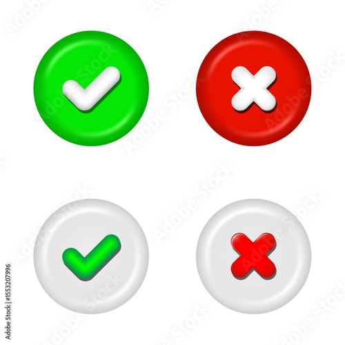 Realistic stylized right and wrong 3D buttons. Glossy round check mark and cross mark signs. Approval and incorrect buttons. Symbols of acceptance and rejection. editable Vectors illustrations.