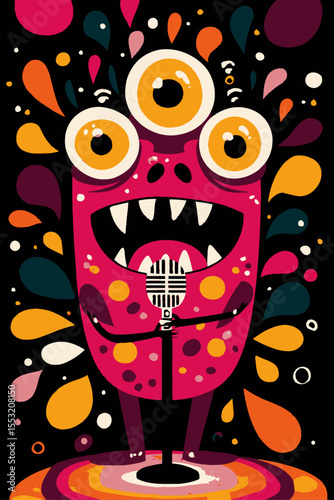 Colorful Cartoon Monster with Microphone and Playful Background Design