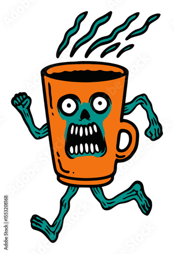 Scary Coffee Mug Character with Running Arms and Legs in Vibrant Colors