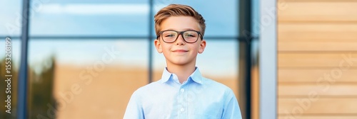 Portrait of a cheerful schoolboy wearing eyeglasses and a blue shirt, standing outside a modern school building, exuding confidence and excitement for the new academic year