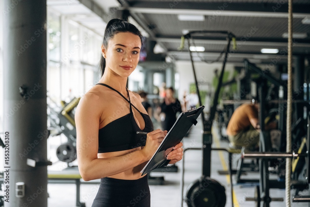 Obraz premium With notepad. Female trainer is standing in the gym