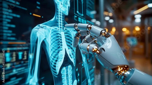 A robotic arm touching a holographic image of a person's lungs displayed on a screen. Medical technologies, medical research and innovations in the field of healthcare.