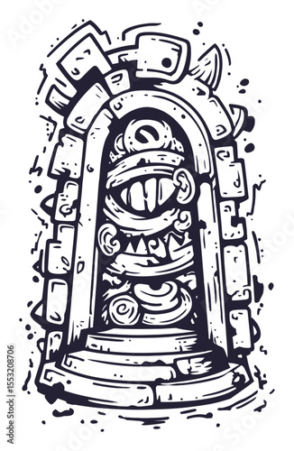 Intricate Hand-Drawn Illustration of a Fantasy Doorway with Monster Features