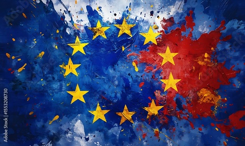 Europian Union flag made of colorful splashes. Generative Ai