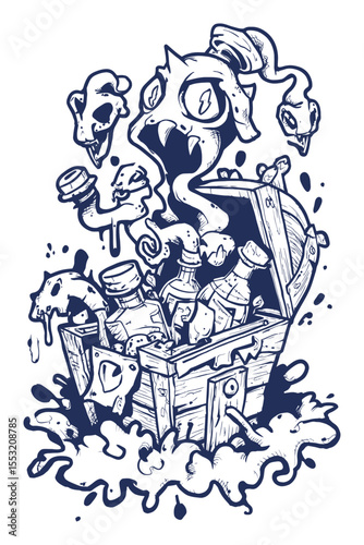 Whimsical Hand-Drawn Illustration of a Ghost Emerging from a Treasure Chest