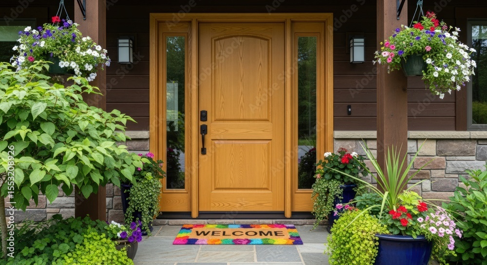 Fototapeta premium A welcoming entrance with a wooden door flanked by flower pots and hanging flower baskets above