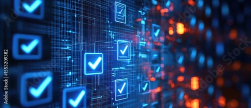 Digital checkmarks glowing brightly on a futuristic blue and orange interface with data grid and network lines evoking technology and verification