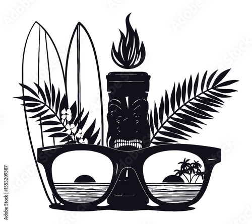 Engraving of Sunglasses, Surfboards, and Tropical Elements in Black and White