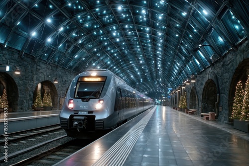 Modern train arriving at a beautifully lit station during nighttime in a bustling city