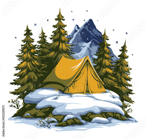 Cozy Camping Scene with Tent Surrounded by Snowy Trees and Mountains