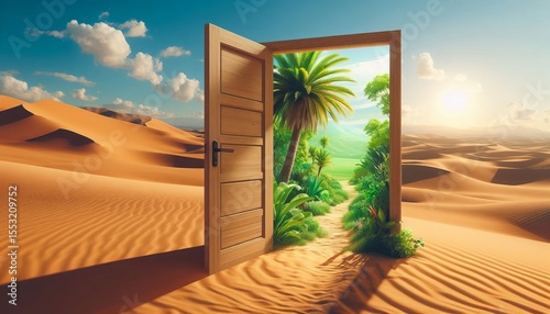 Desert with open door leading to tropical garden. Green nature on desert background. Ecological crisis concept. Clean air. New world.