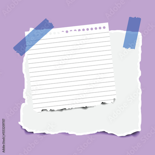 Vector note papers. white pages, stickers with adhesive tape. torn paper notes backgrounds. ripped edge pieces of paper with tape