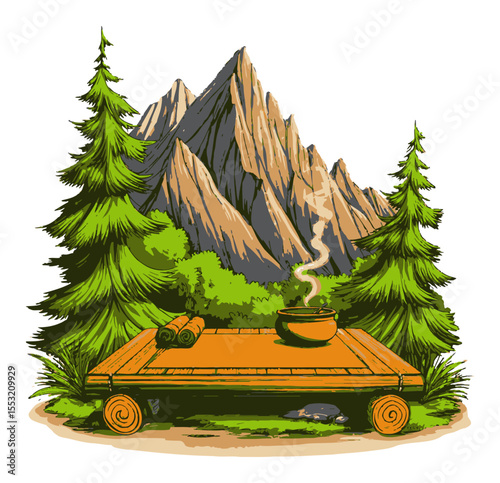 Cozy Camping Setup Near Mountain with Trees and Smoke Rising from Pot