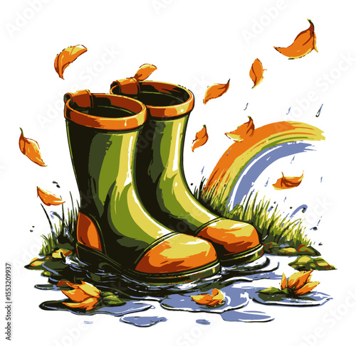 Colorful Rain Boots in a Puddle with Autumn Leaves and a Rainbow