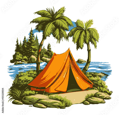 Vibrant Camping Scene with Tent Surrounded by Trees and Water