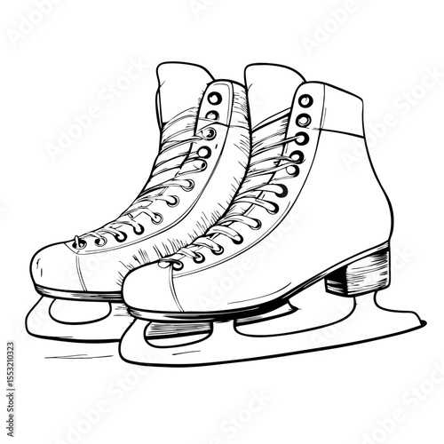 Ice skates in black and white sketch illustration