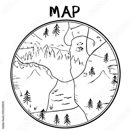 Circular forest map with rivers and trails sketch