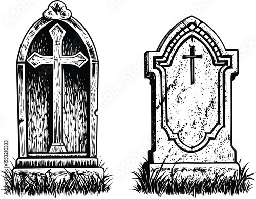 Two Gravestones with Crosses and Grass in Black and White Illustration