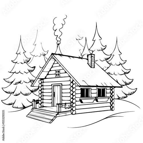 Log cabin in forest with smoke from chimney sketch