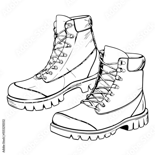 Hiking boots in black and white sketch illustration