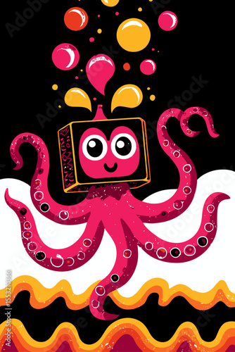 Colorful Cartoon Octopus Character with Playful Expression and Bubbles