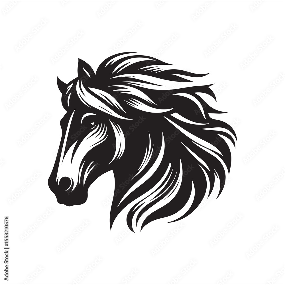 Fototapeta premium A stylized black and white illustration of a horse's head with flowing mane.