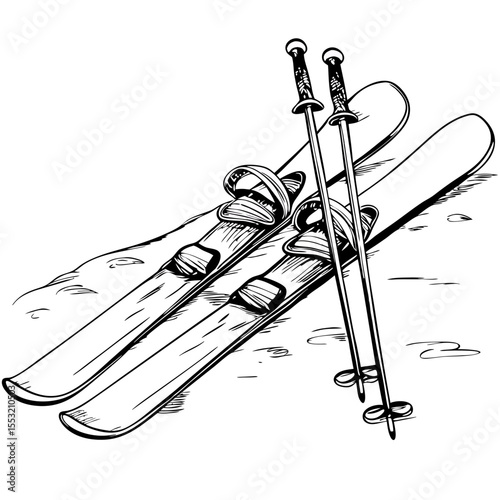 Skis and poles in snow in black and white illustration