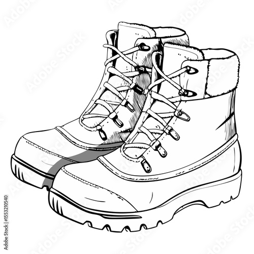 Hiking boots in black and white sketch illustration