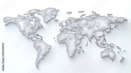 Three-dimensional white world map with detailed contour lines mounted on a white wall conveying global geography and topography