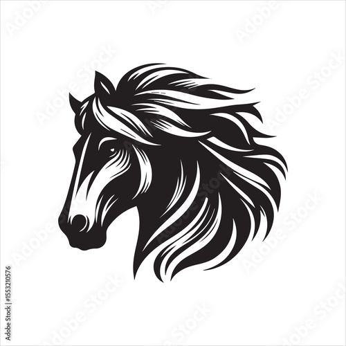 A stylized black and white illustration of a horse's head with flowing mane.