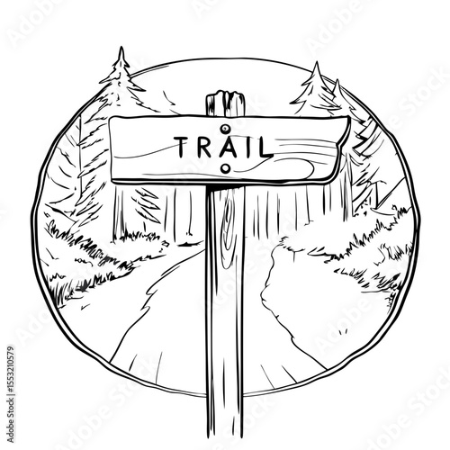 Trail sign on forest path in black and white sketch
