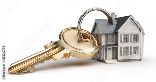A golden key with a silver ring in front of a modern house, isolated on a white background.
