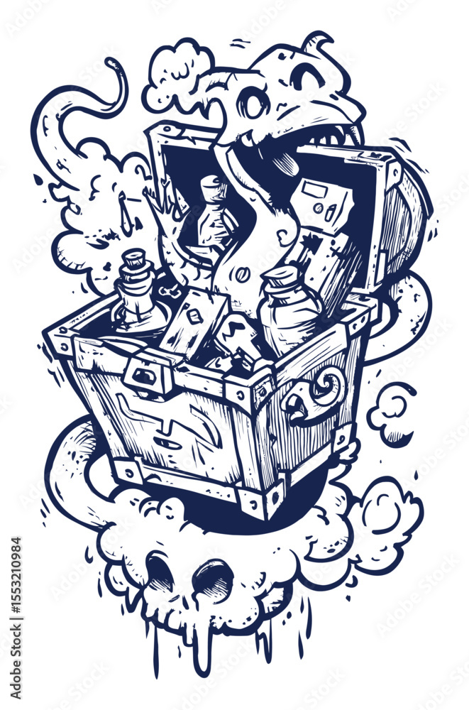 Fototapeta premium Hand-Drawn Illustration of a Treasure Chest with Spooky Elements and Ghosts