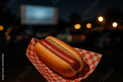 Classic hot dog at a late-night drive-in movie setting. Enjoy casual food outdoors.