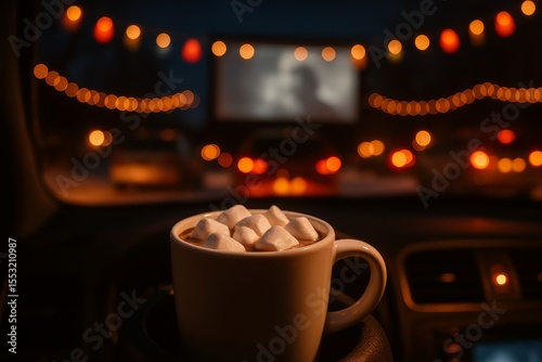 Cozy hot chocolate with marshmallows in car at drive-in movie.