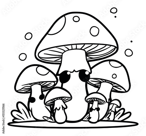 Whimsical Black and White Engraving of Playful Mushrooms in a Forest Setting