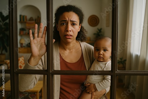 Worried mother holds baby while looking out a window. They appear concerned behind the glass pane. Postpartum depression.