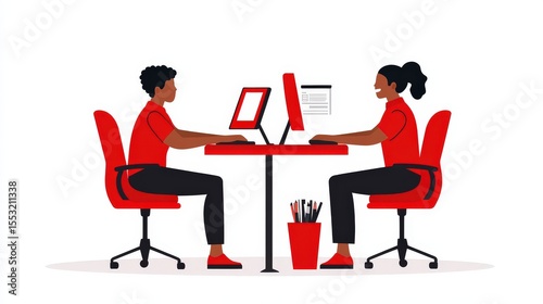 Two colleagues working at computers in a modern office space with red accents
